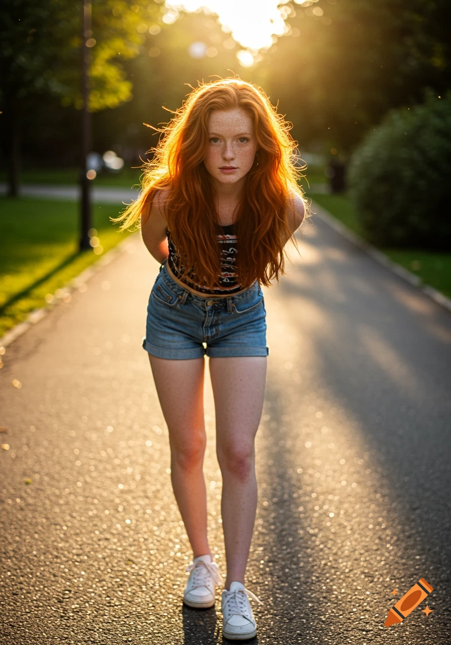 A young redhead woman with freckles, wearing a crop top and denim shorts, stands on a sunny path in a park.