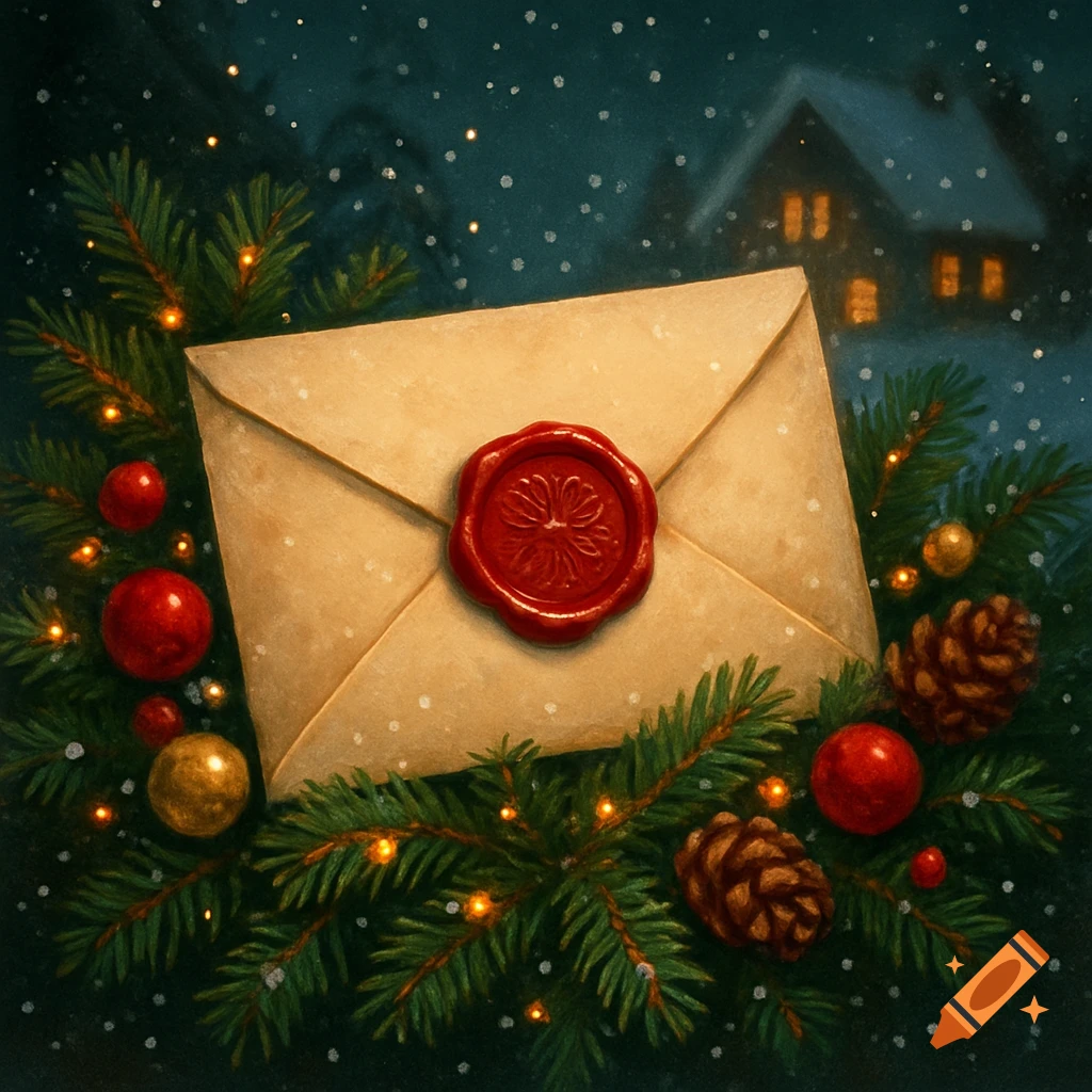 Vintage Christmas envelope with a red wax seal, surrounded by pine branches, ornaments, and pinecones, in a snowy night scene.