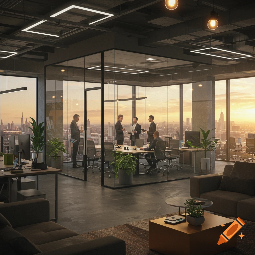 Photorealistic image of a modern office with a glass-walled meeting room overlooking a city skyline at sunset.