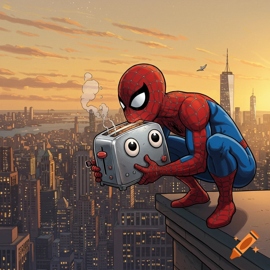 Comic art of Spider-Man crouching on a rooftop, eating a toaster with googly eyes, overlooking a city at sunset.