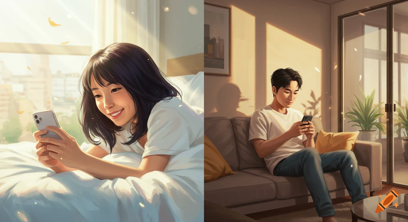 Split illustration: a smiling woman texts on a phone in bed; a man texts on a phone on a living room sofa, both in warm sunlight.