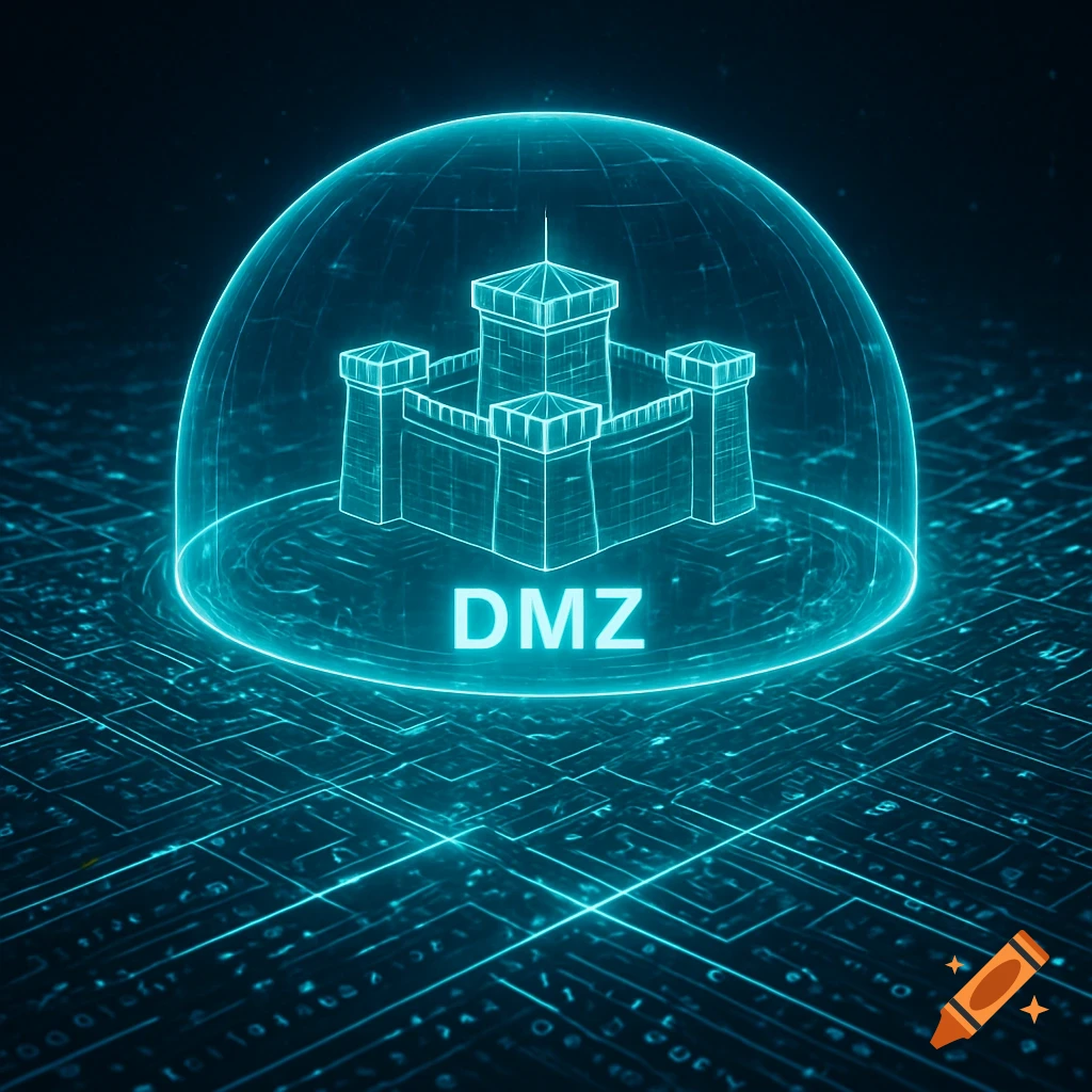 Glowing blue digital castle, labeled 'DMZ', inside a transparent dome over a circuit board representing network security.