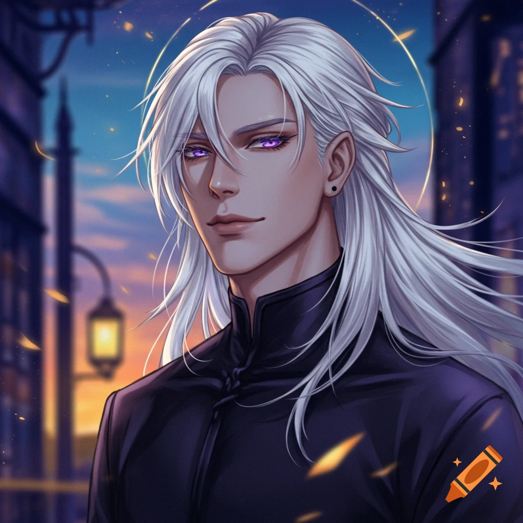 An anime-style man with long white hair and purple eyes, wearing a black tunic, in front of a city street at dusk.