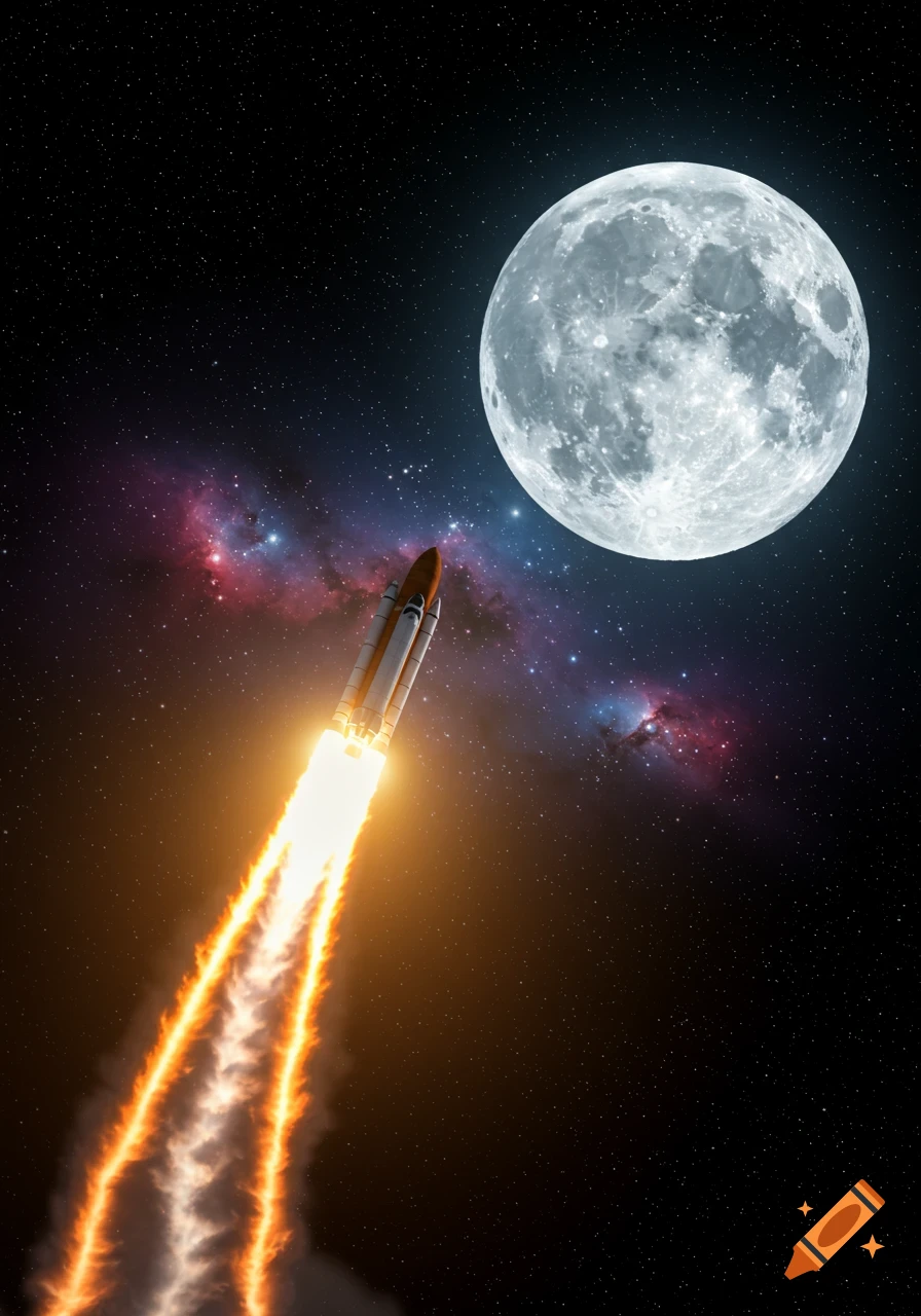 A space shuttle launches into a dark, starry sky with a bright full moon and colorful nebulae in the background, a photorealistic style.