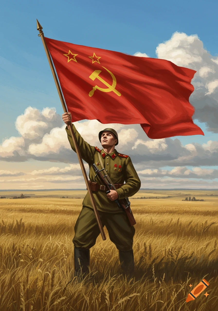 Illustration of a Red Army soldier holding a large Soviet flag with hammer and sickle in a golden wheat field.