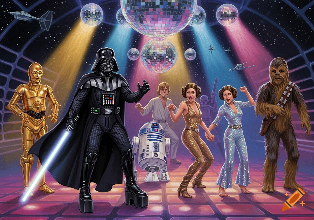 Star Wars characters including Darth Vader in platform boots, Princess Leia, Luke, Chewbacca, C-3PO, and R2-D2 dancing in a vibrant disco scene with glitter balls and colorful lights.