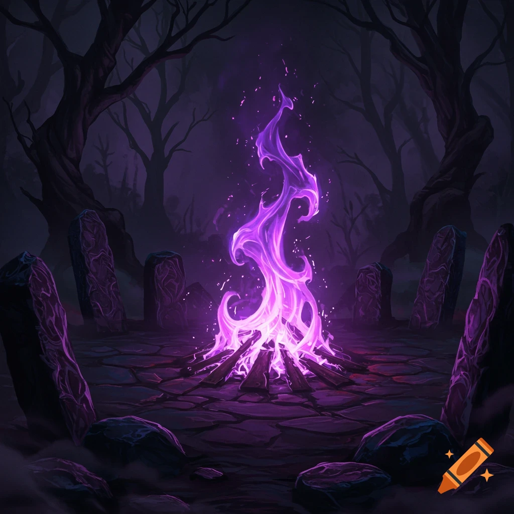 Mystical purple fire burning in a dark forest clearing, surrounded by ancient standing stones.