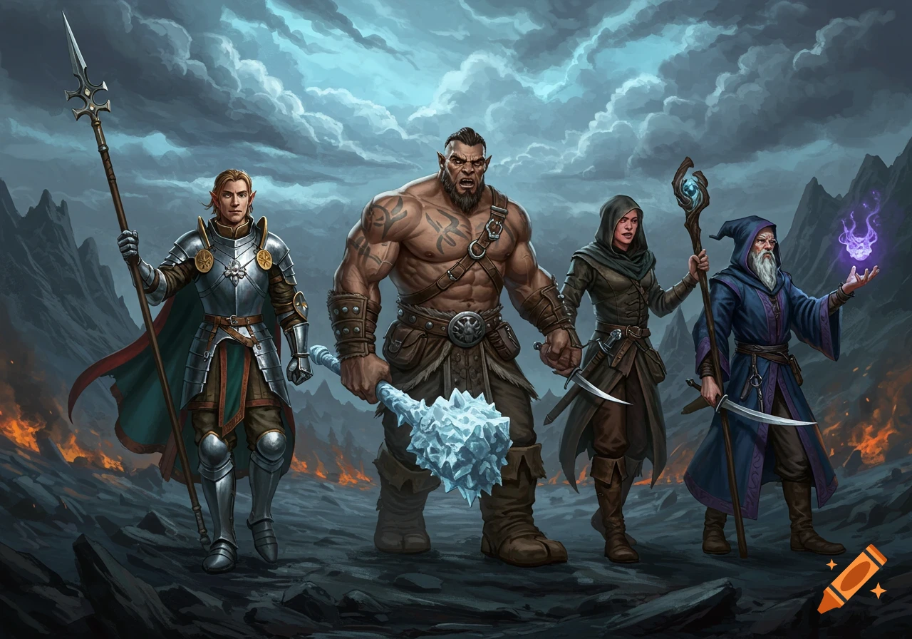 A group of fantasy adventurers, including a knight with a spear, a muscular barbarian with a maul, a cloaked rogue with daggers, and a wizard casting a spell, stand against a stormy sky with fires below.