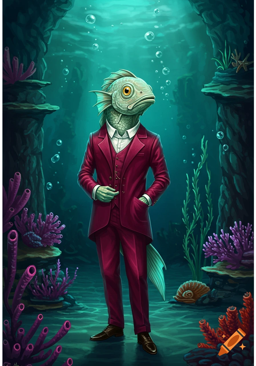 An anthropomorphic fish in a red suit stands underwater amidst coral and rocks.