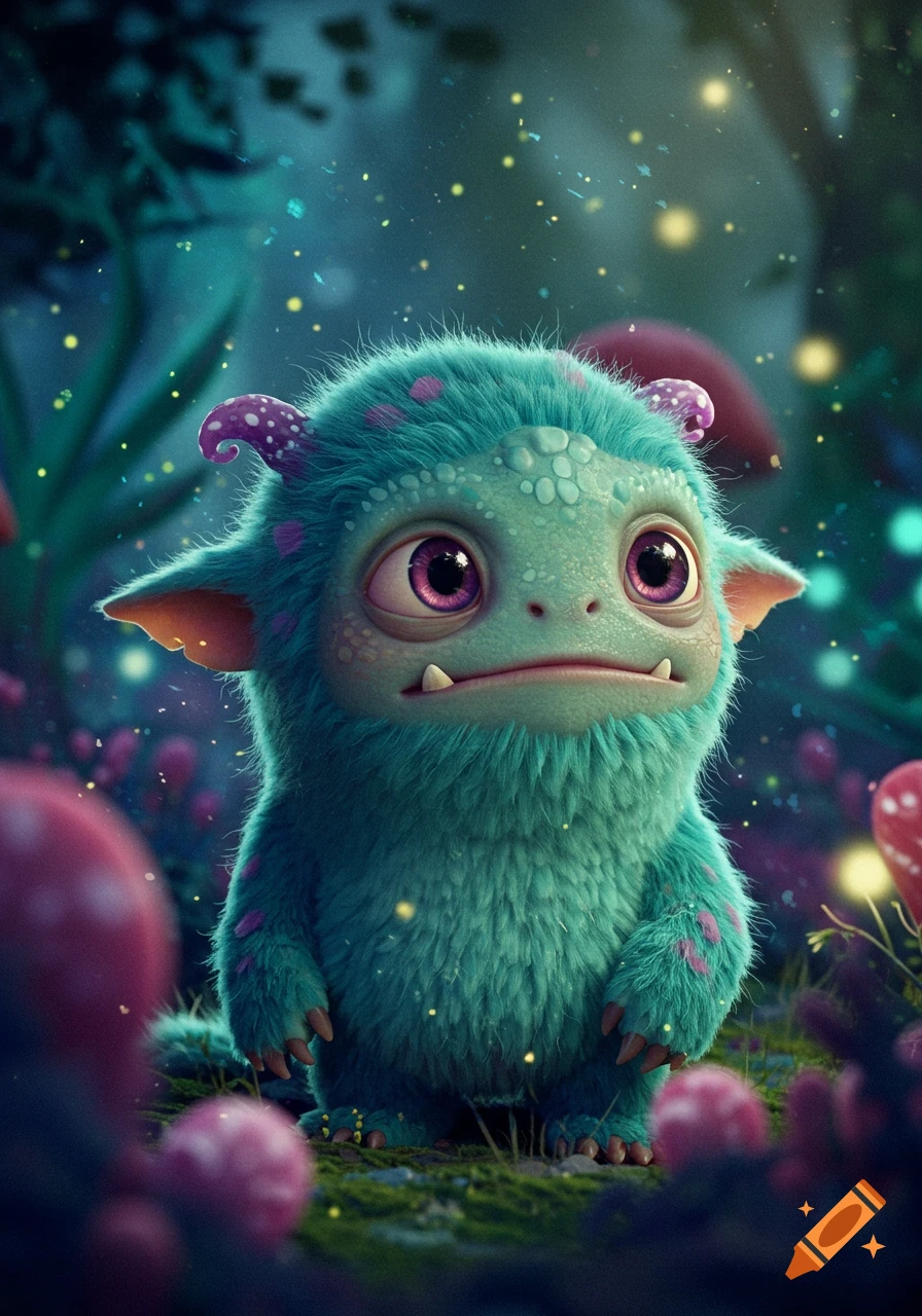 A cute, teal-furred monster with large purple eyes and spotted horns stands in a magical, glowing forest.