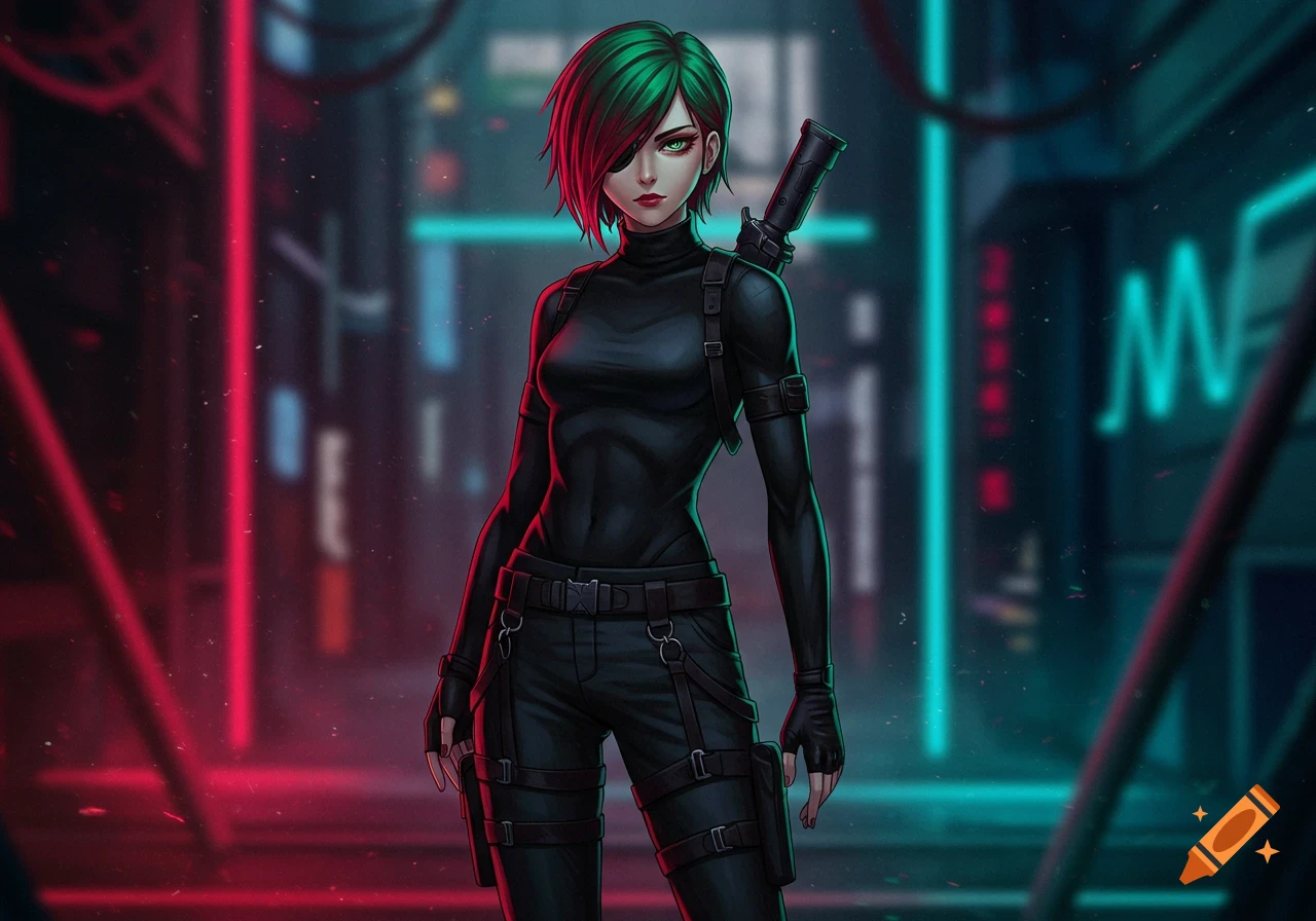 Anime girl with green and red hair and an eyepatch, wearing black tactical gear, stands in a neon-lit cyberpunk alley.
