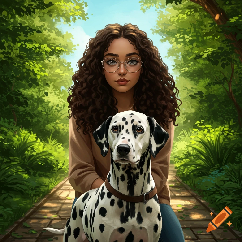 A stylized digital art portrait of a woman with curly hair and glasses, kneeling with a Dalmatian dog in a lush green forest.