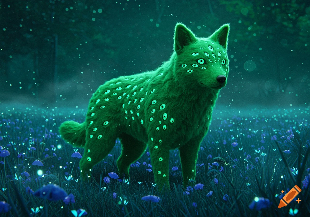 A vibrant green dog covered in many glowing eyes stands in a dark, ethereal forest with luminous blue flowers.