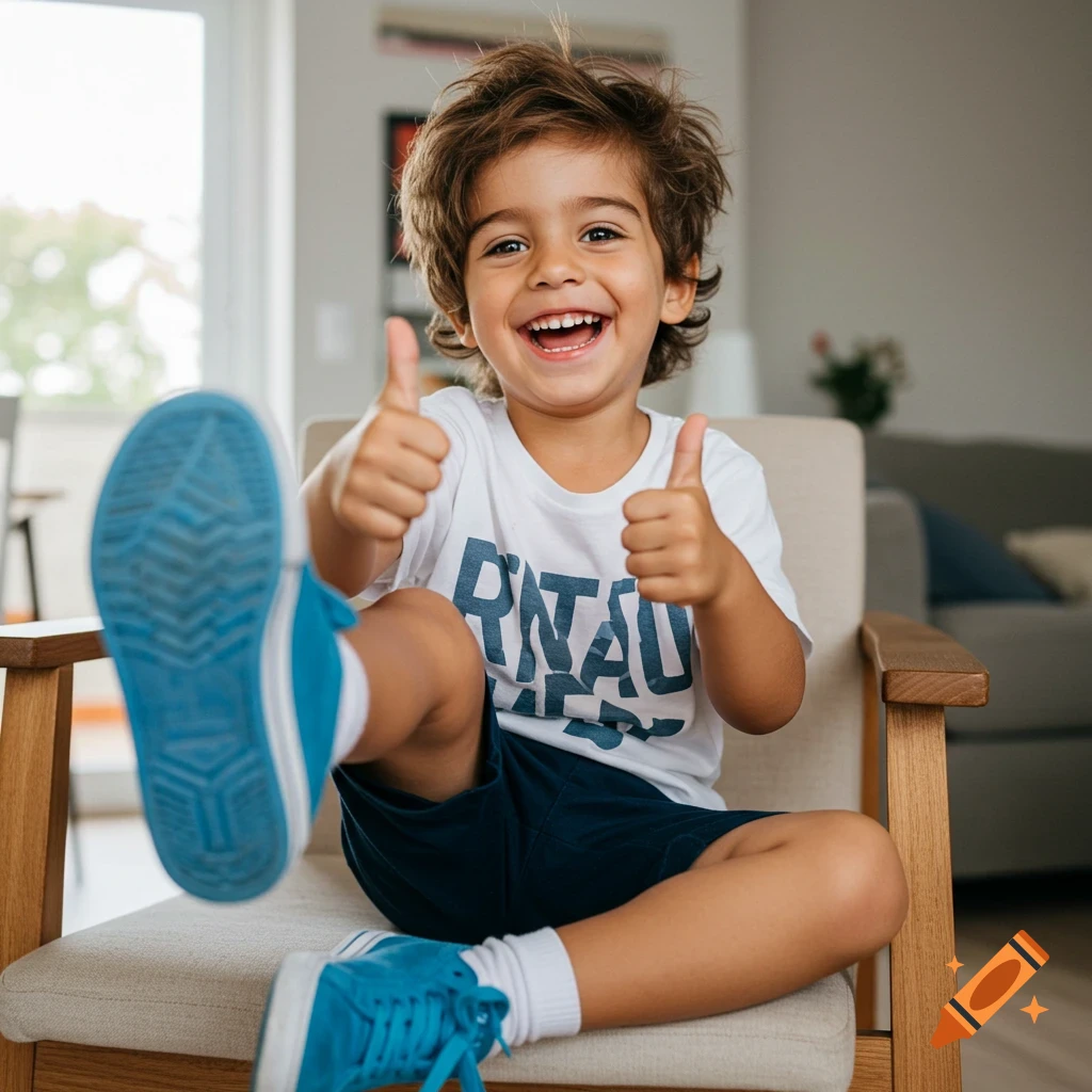 A smiling young boy with brown hair gives two thumbs up while sitting in a chair, wearing blue sneakers.