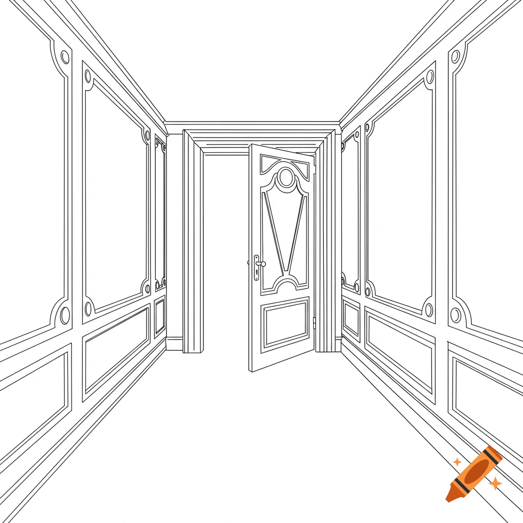 Black outline drawing of an abandoned hotel hallway with ornate wall paneling and an open door at the end, coloring book style.