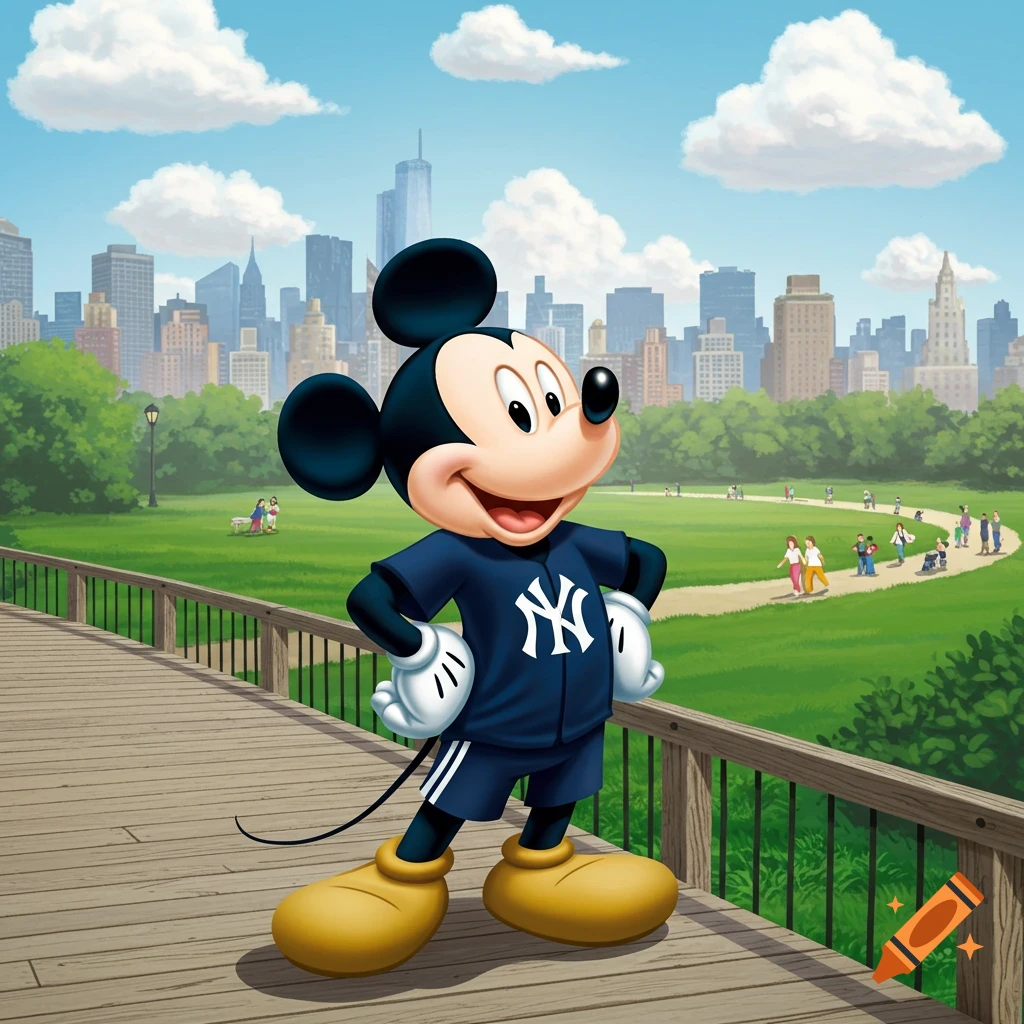Mickey Mouse in a navy blue New York Yankees jersey stands on a wooden bridge in a sunny cartoon park with a city skyline.