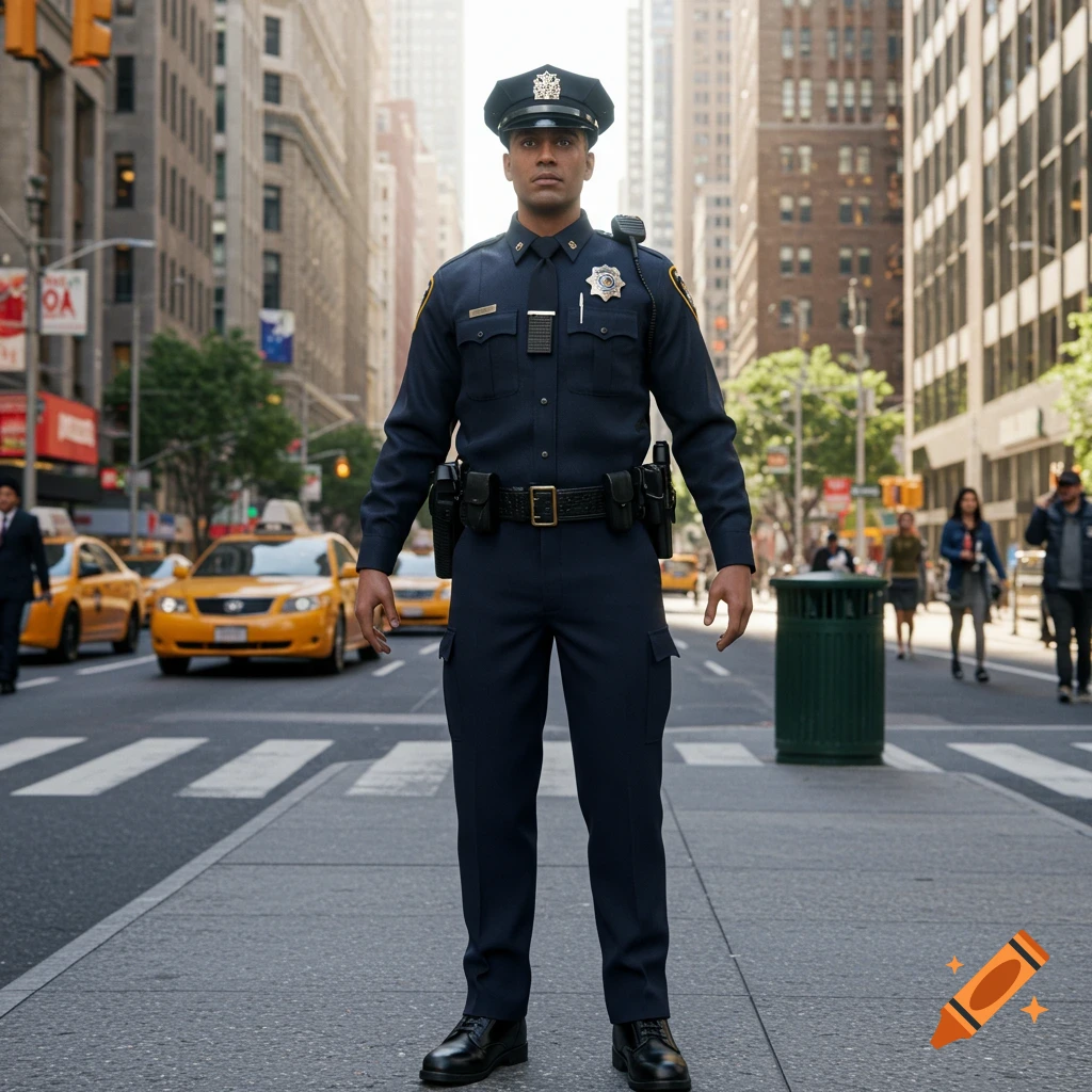 A photorealistic image of a police officer standing in the middle of a busy city street with yellow taxis and tall buildings in the background.