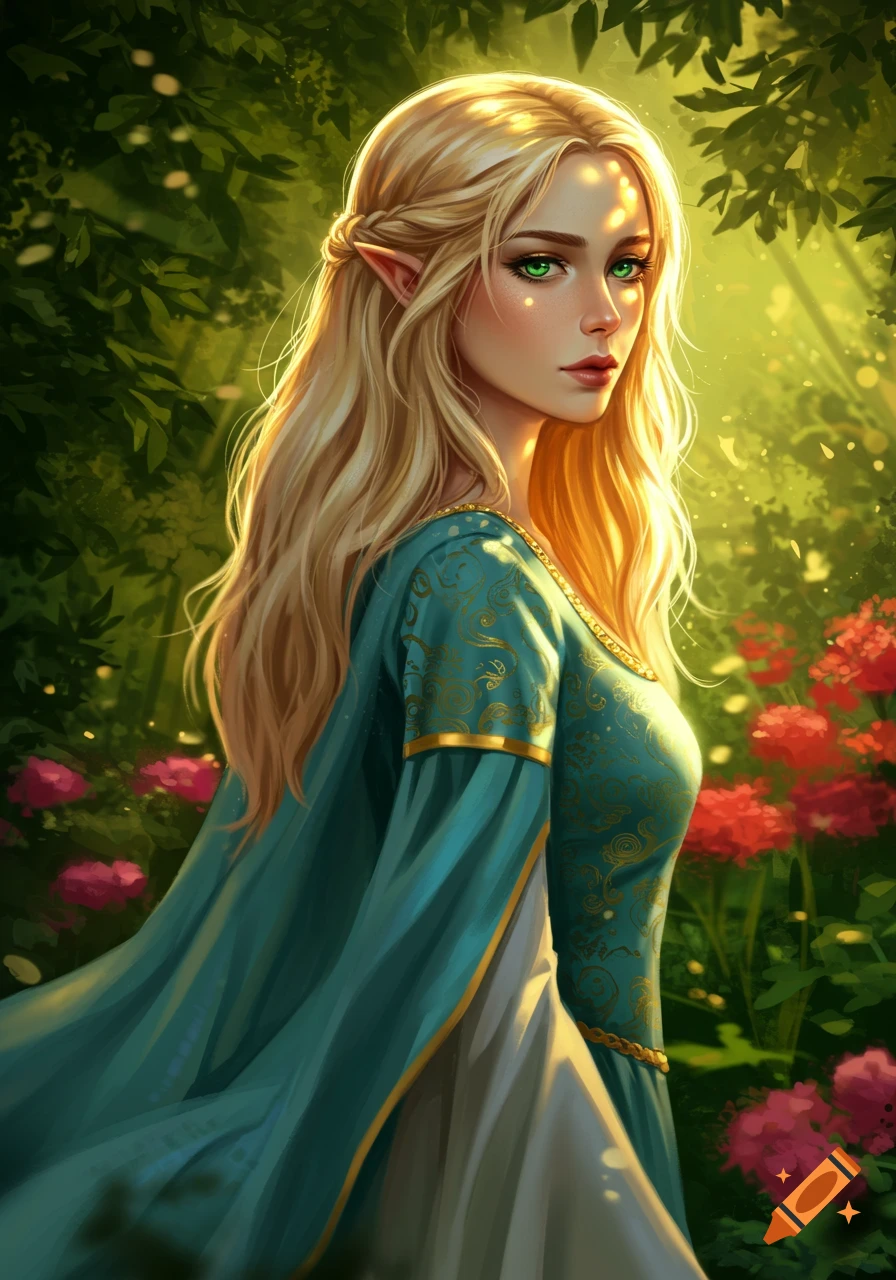 A young blonde elf woman with green eyes wears a blue medieval dress with gold accents, standing in a sunlit forest.