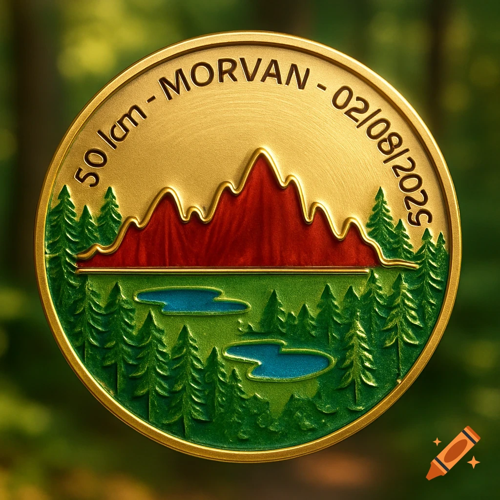 Golden medal with a red mountain, green trees, blue lakes, and '50 km – Morvan – 02/08/2025' text.