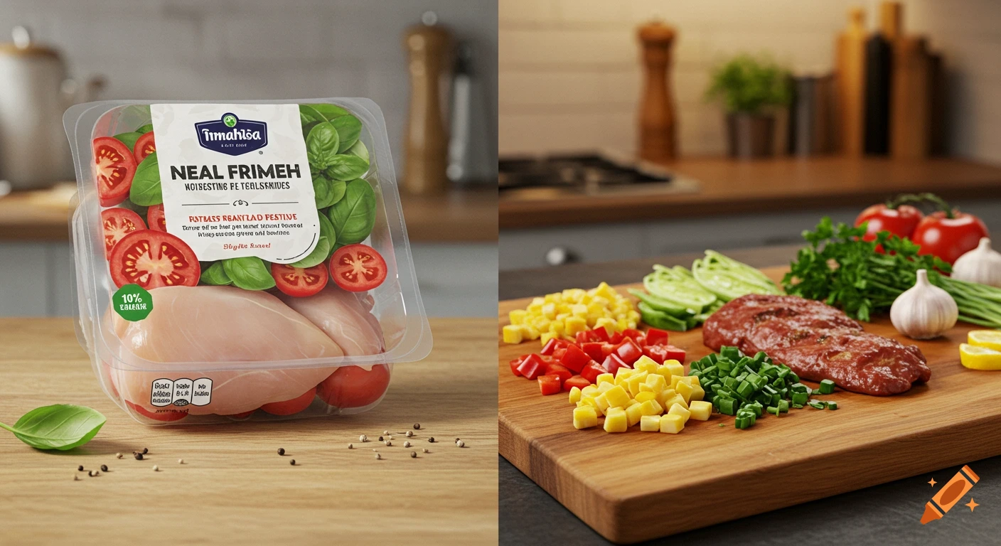A split image shows a pre-packaged meal kit with chicken, tomatoes, and basil on the left, and a wooden cutting board with chopped vegetables, garlic, and raw meat on the right, in a kitchen setting.