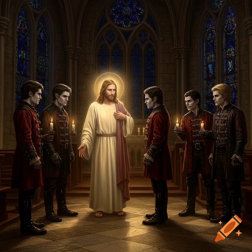 Jesus Christ, with a halo, faces five men in gothic attire, possibly vampires, within a dimly lit church with stained glass windows.