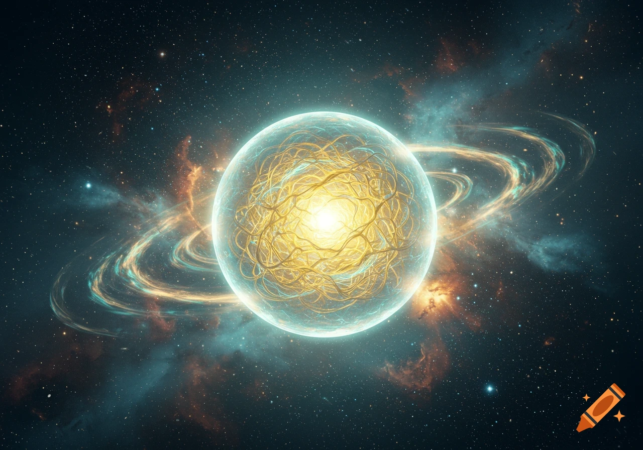 A glowing, intricate cosmic sphere with energy tendrils and luminous rings set against a dark, starry nebula-filled space background.