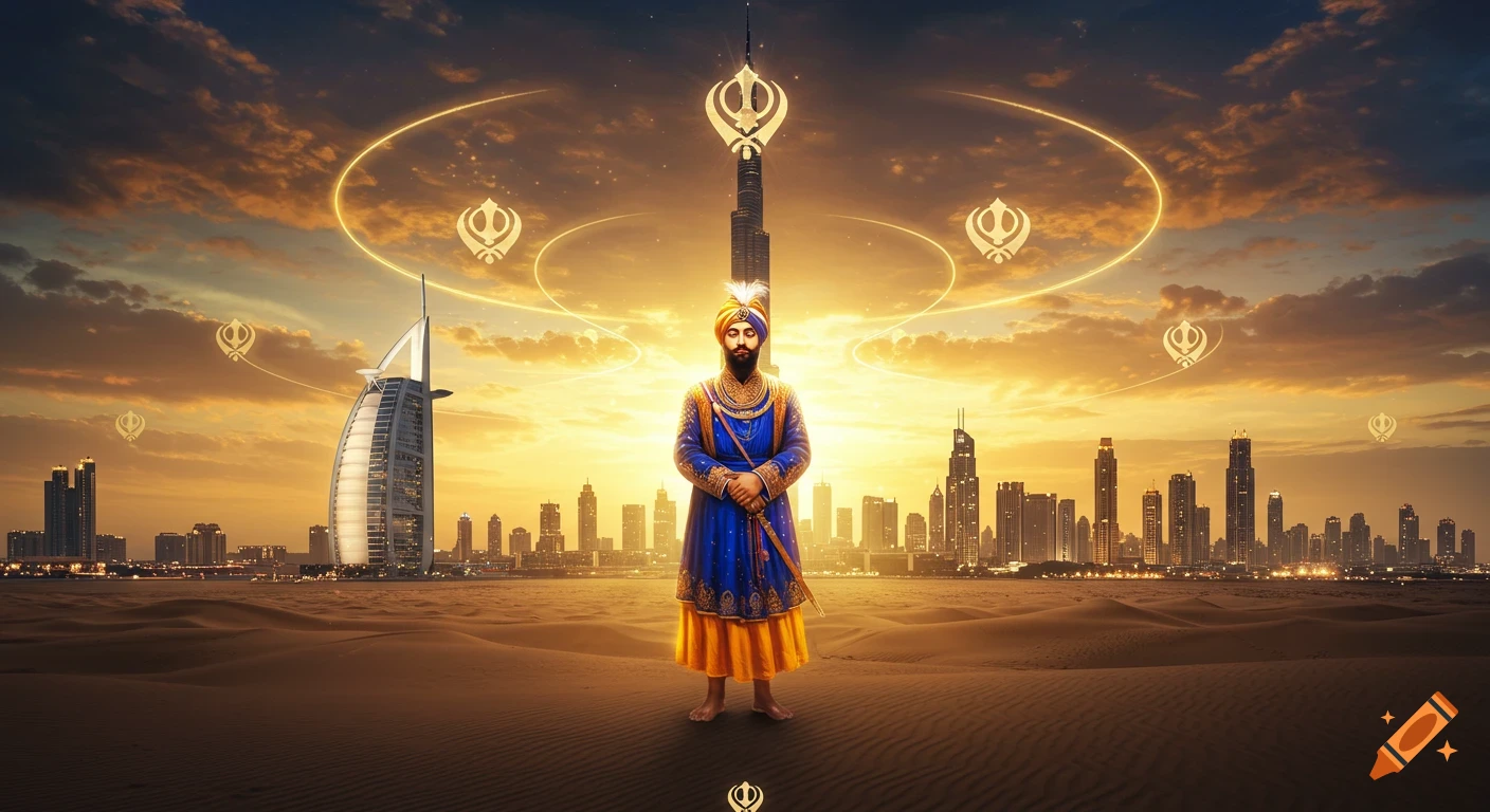 A man in royal blue and gold attire stands before the Dubai skyline at golden sunset, with Sikh Khanda symbols floating in the sky. Photorealistic style.