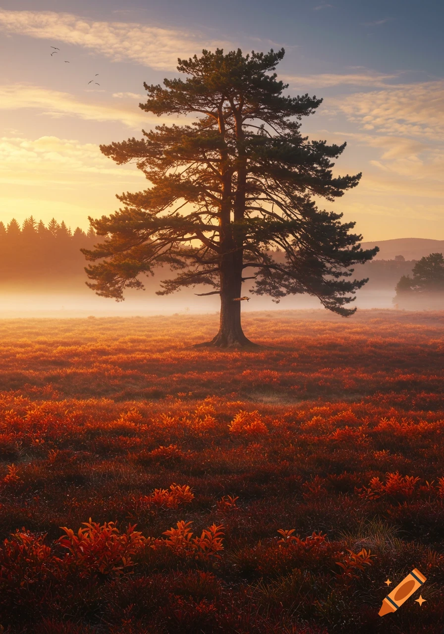 A photorealistic image of a lone pine tree standing in a misty, reddish-orange autumn field at sunrise, with a distant forest.