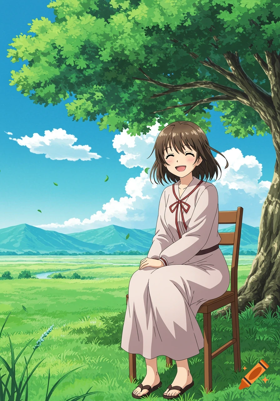 Smiling young anime woman sits on a wooden chair under a large green tree in a lush natural landscape.