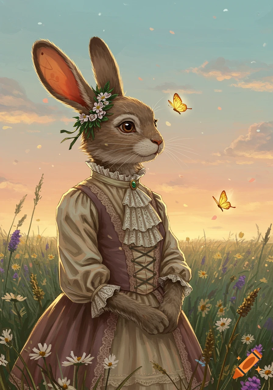 A detailed illustration of an anthropomorphic rabbit in a Victorian-style dress, standing in a grassy field with butterflies at sunset.