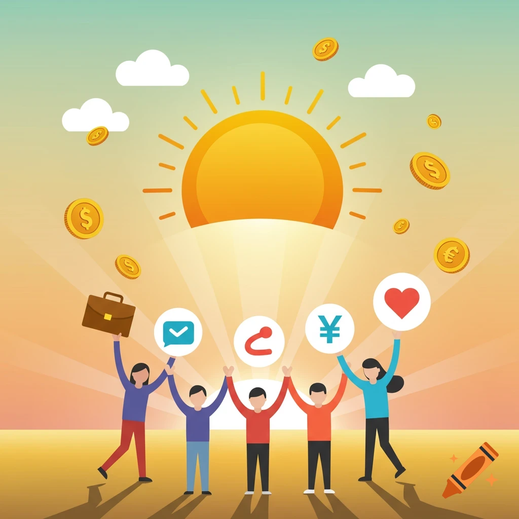 Stylized illustration of five people holding symbols of finance and community under a rising sun with floating coins.