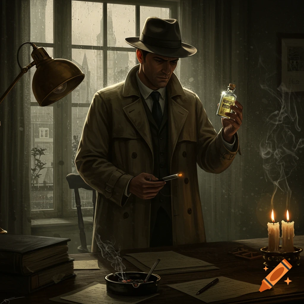 A man in a trench coat and fedora, looking down at a bottle labeled "poison" in a dimly lit, rainy room with a desk, books, lit candles, and an ashtray.
