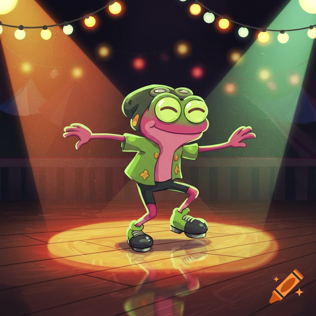 Sprig from Amphibia, a pink and green frog, happily dances on a spotlighted stage with string lights.