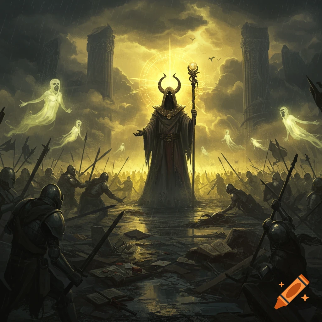 A dark fantasy scene with a horned sorcerer amidst armored warriors and glowing ghosts in a ruined, stormy landscape.