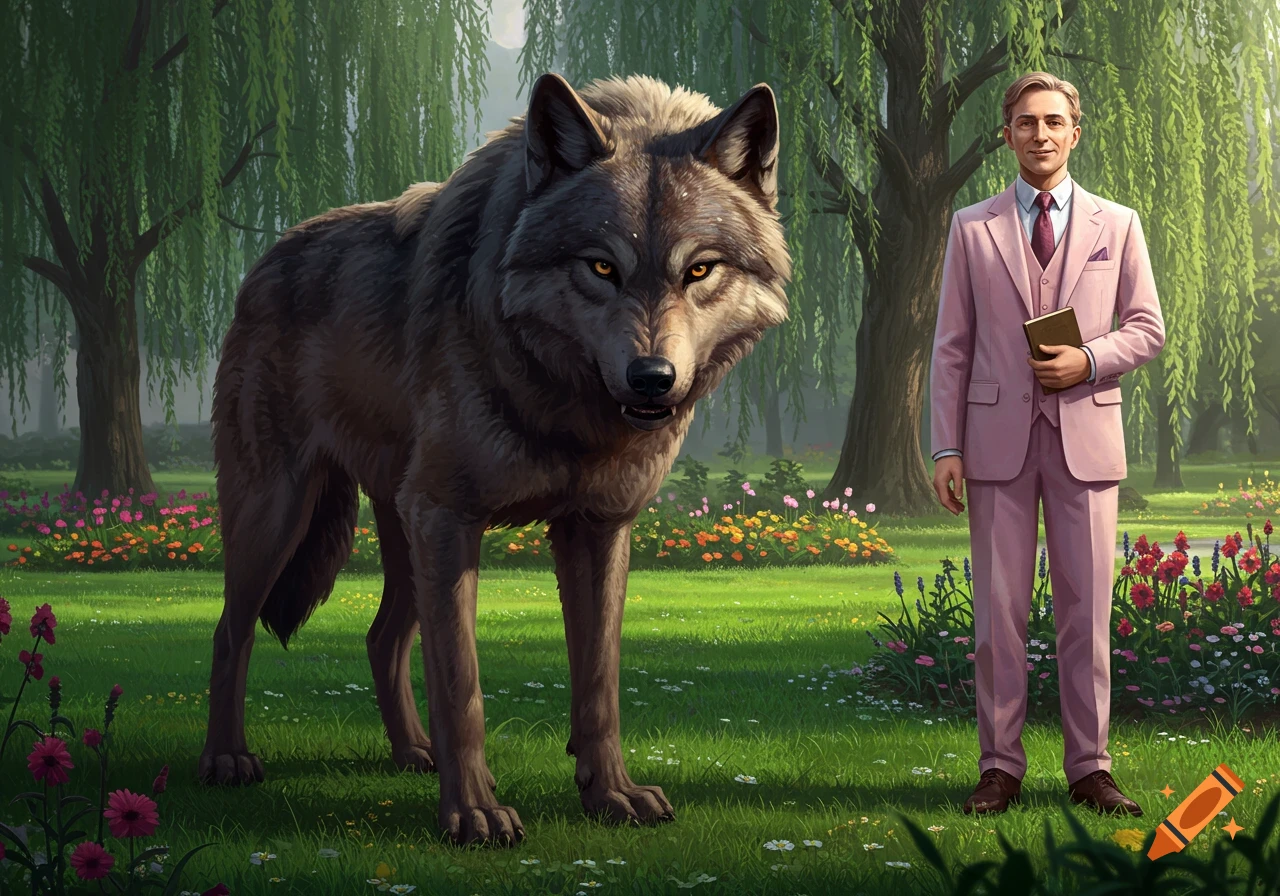A large grey wolf stands next to a man in a pink suit, holding a book, in a lush park with green trees and colorful flowers. Digital painting.