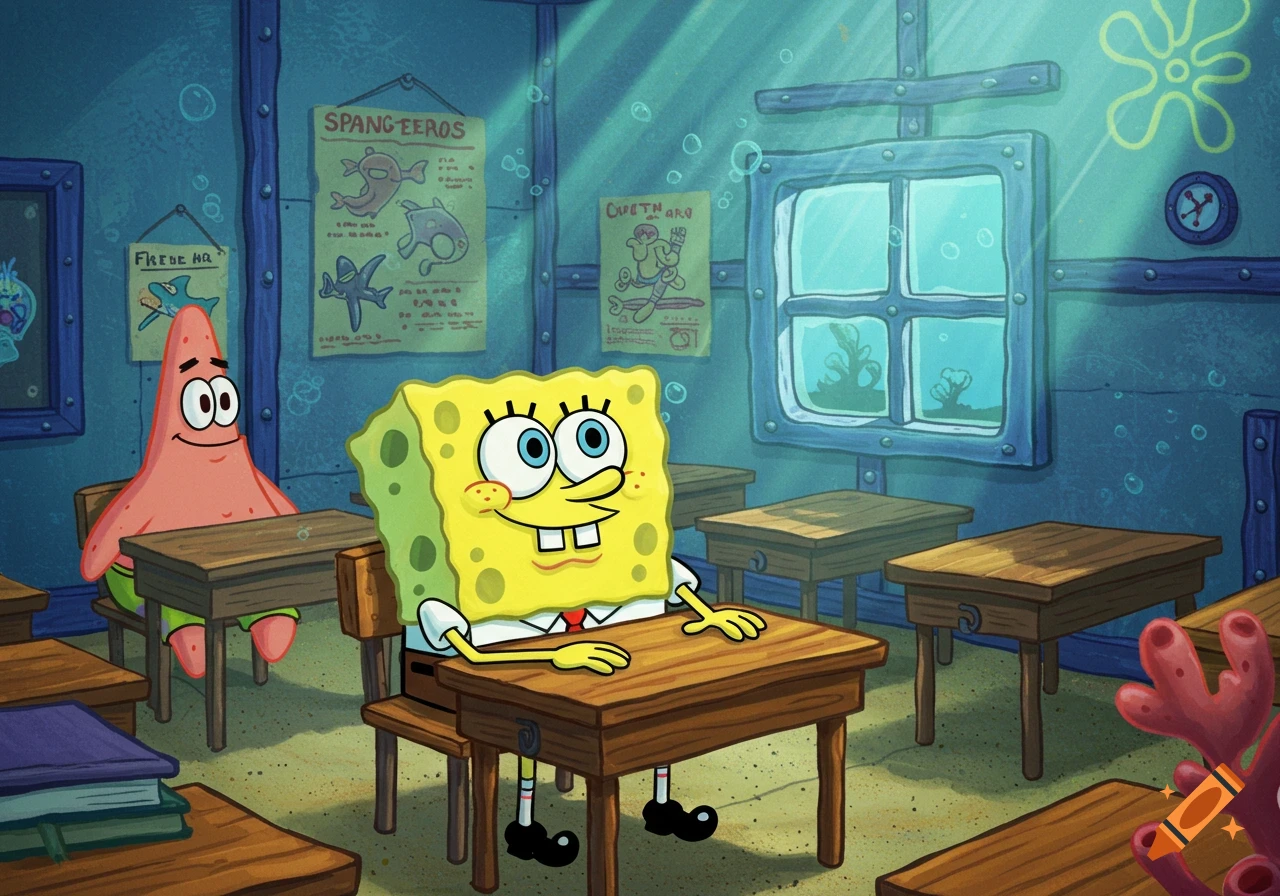 Spongebob Squarepants and Patrick Star sitting at wooden desks in a cartoon classroom.