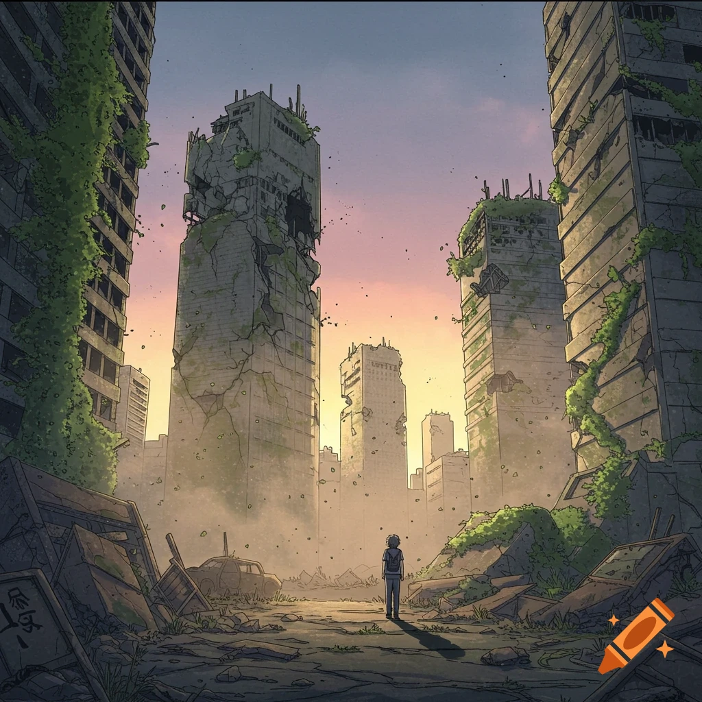 A lone figure stands amidst the overgrown ruins of a city at sunset, depicted in an anime style.