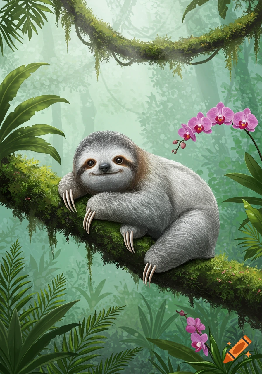 A cute, fluffy sloth with a gentle smile rests on a mossy branch in a vibrant jungle with pink orchids.