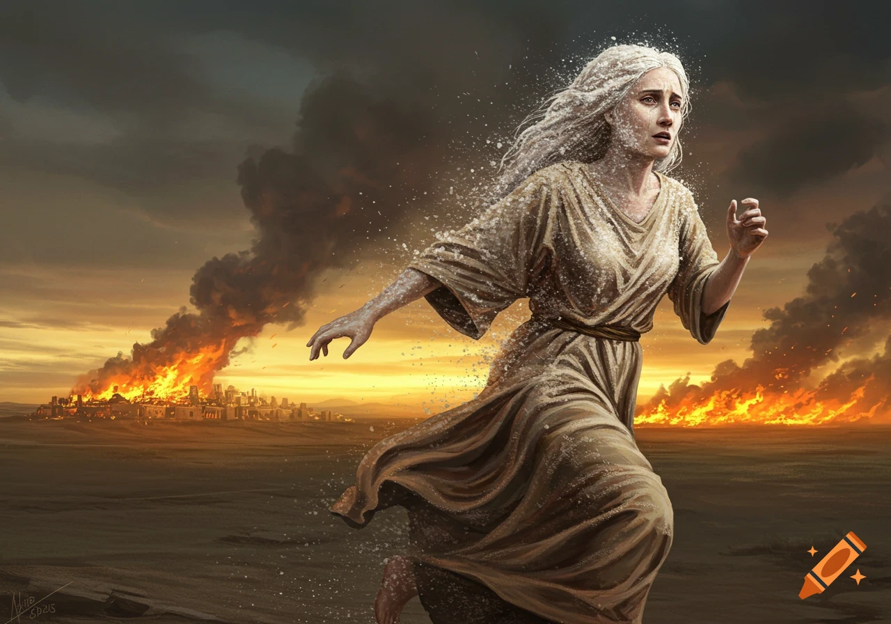 Digital painting of Lot's wife fleeing, turning into a pillar of salt as a burning city of Sodom blazes in the background.