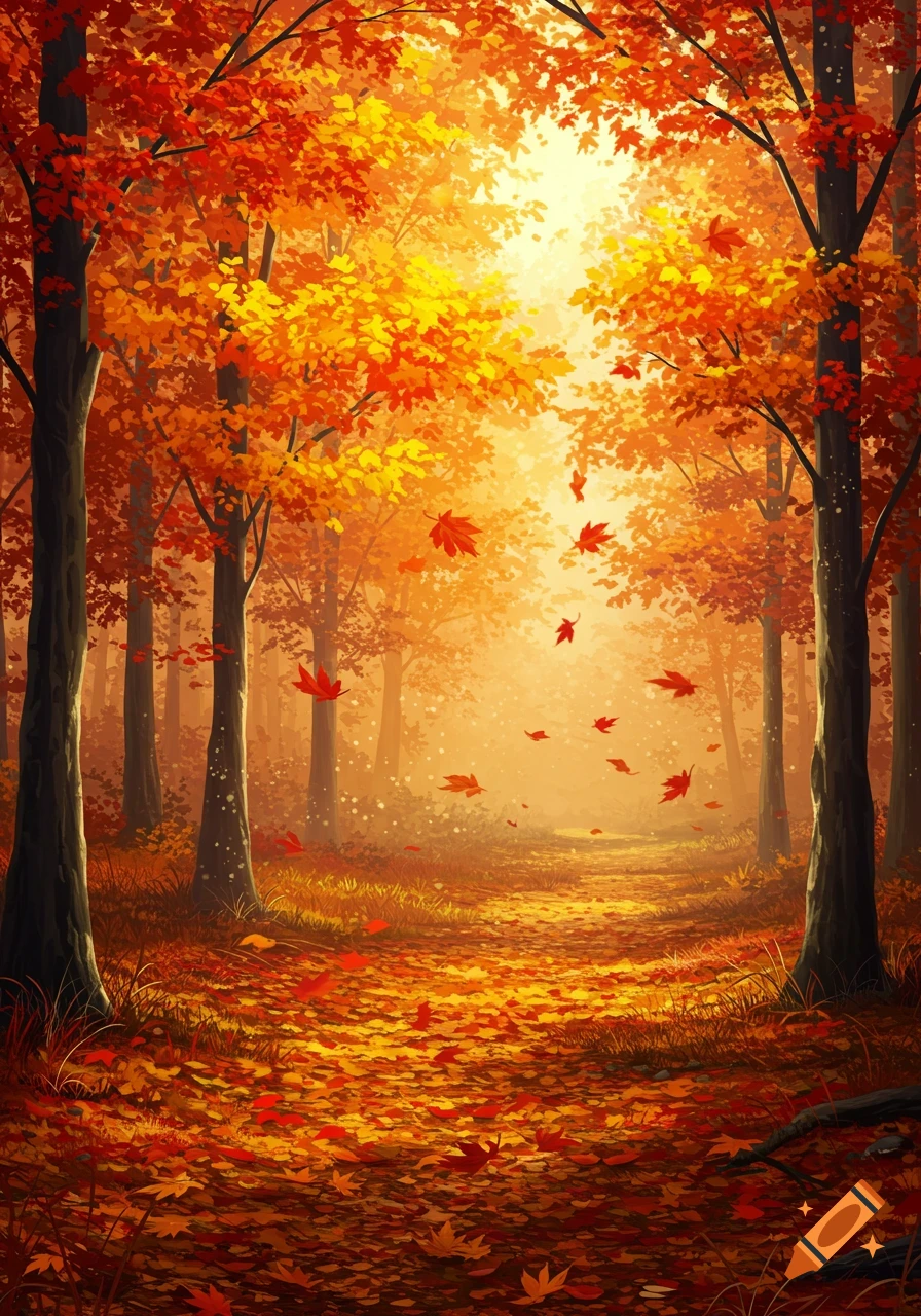 Vibrant illustrated autumn forest path with golden sunlight and falling red and orange leaves.