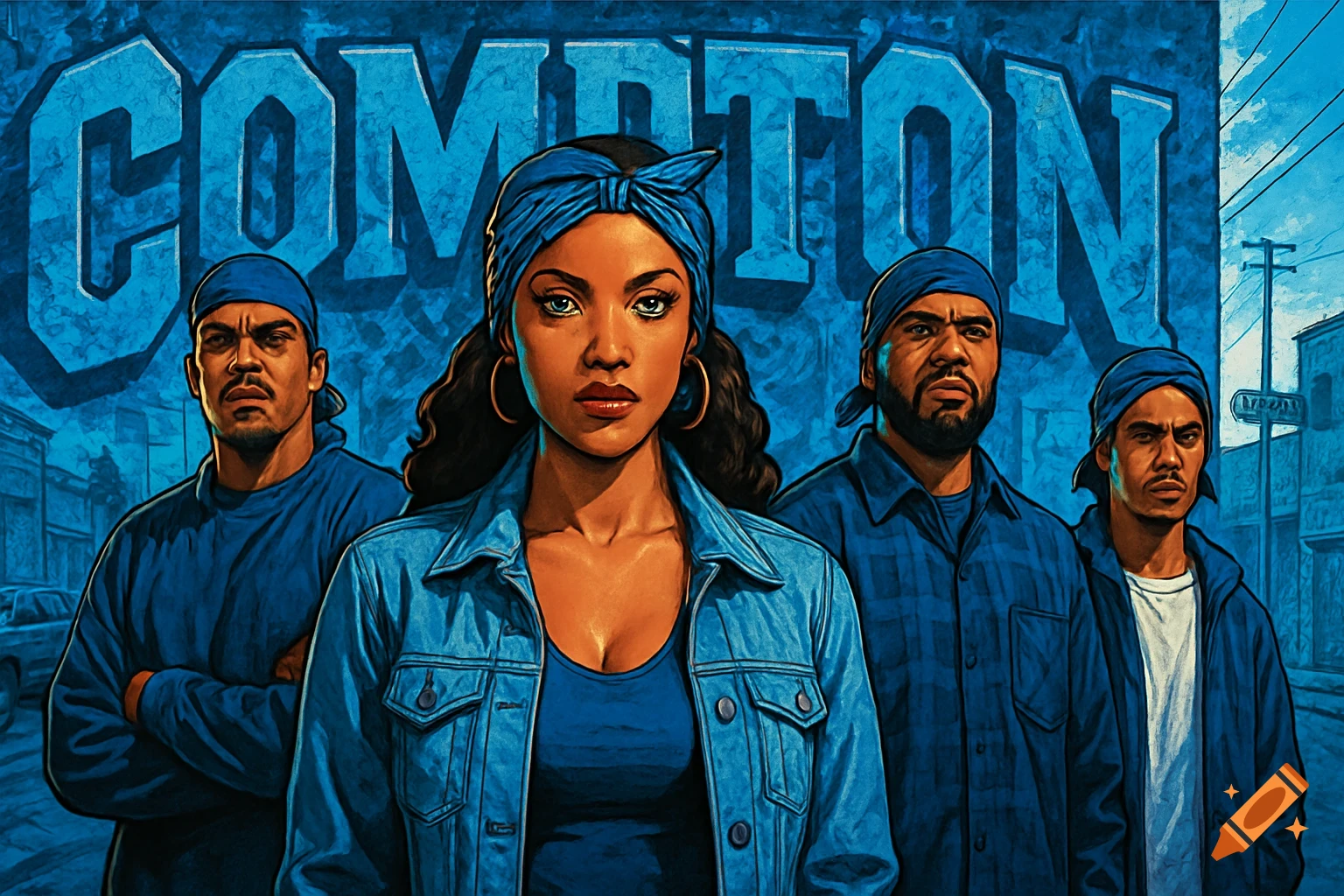 An illustration of a woman and three men in blue streetwear and bandanas in front of a blue wall with 'COMPTON' graffiti.