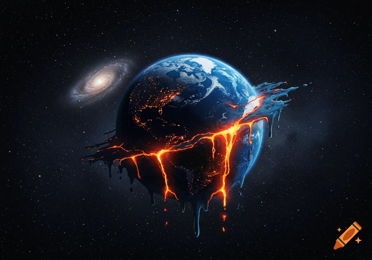 A stylized Earth in space, melting with glowing orange lava-like cracks, dripping blue liquid. A distant galaxy is visible.