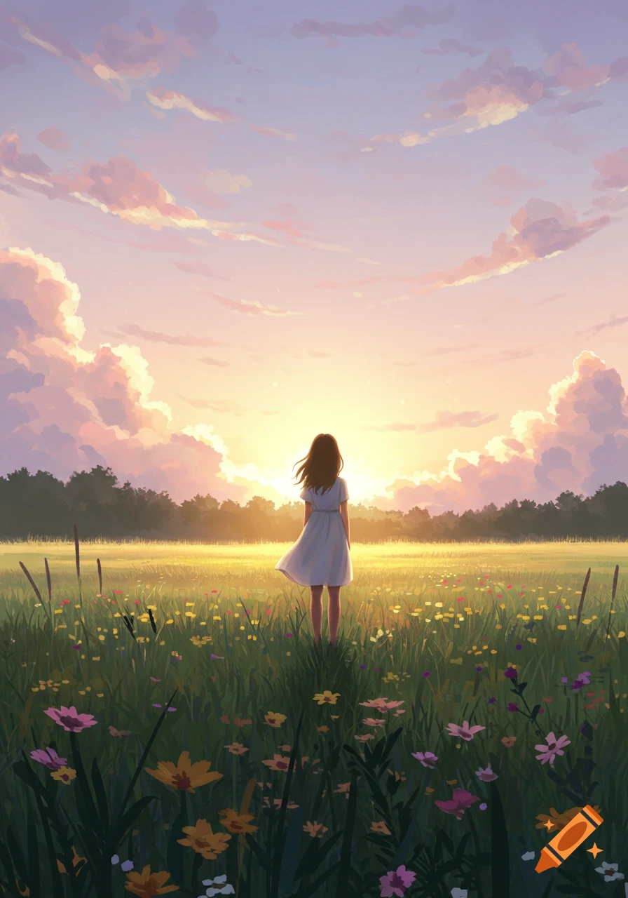 Anime-style illustration of a girl in a white dress standing in a vibrant flower field, watching the sunset.