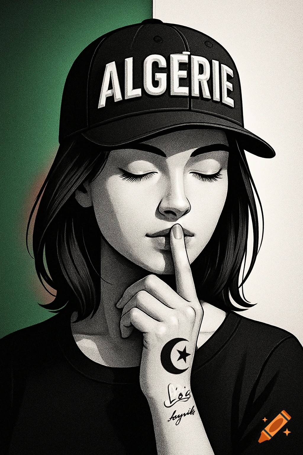 Stylized monochrome portrait of a young woman wearing an 'ALGERIE' cap, with a crescent and star tattoo on her wrist.