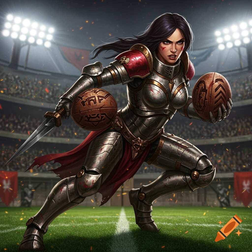A fierce female knight in elaborate armor runs on a grassy sports field, holding two ornate balls and a dagger, with a stadium in the background.