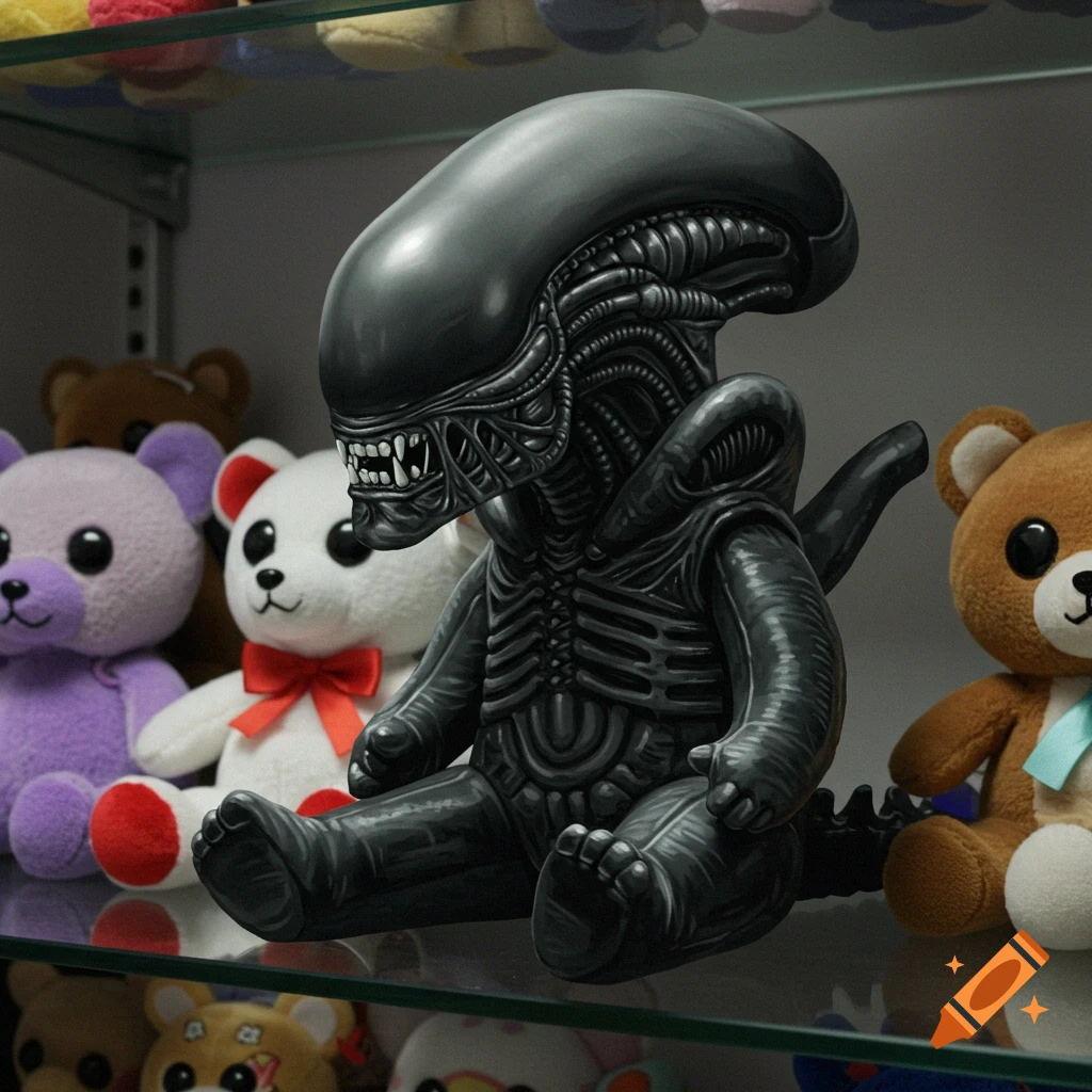 A black xenomorph beanie baby toy sits on a glass shelf with colorful teddy bears.