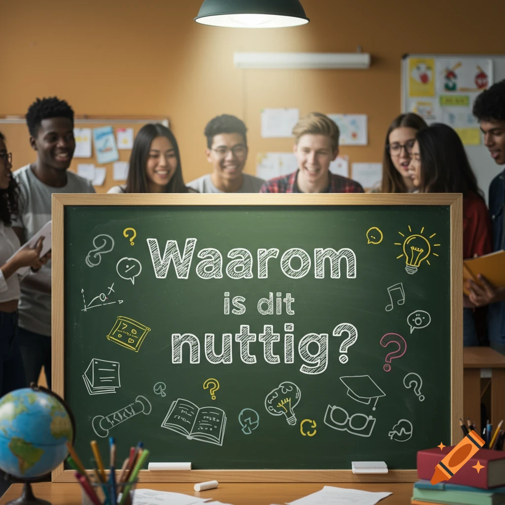 A diverse group of students in a classroom looking at a blackboard that reads 'Waarom is dit nuttig?'