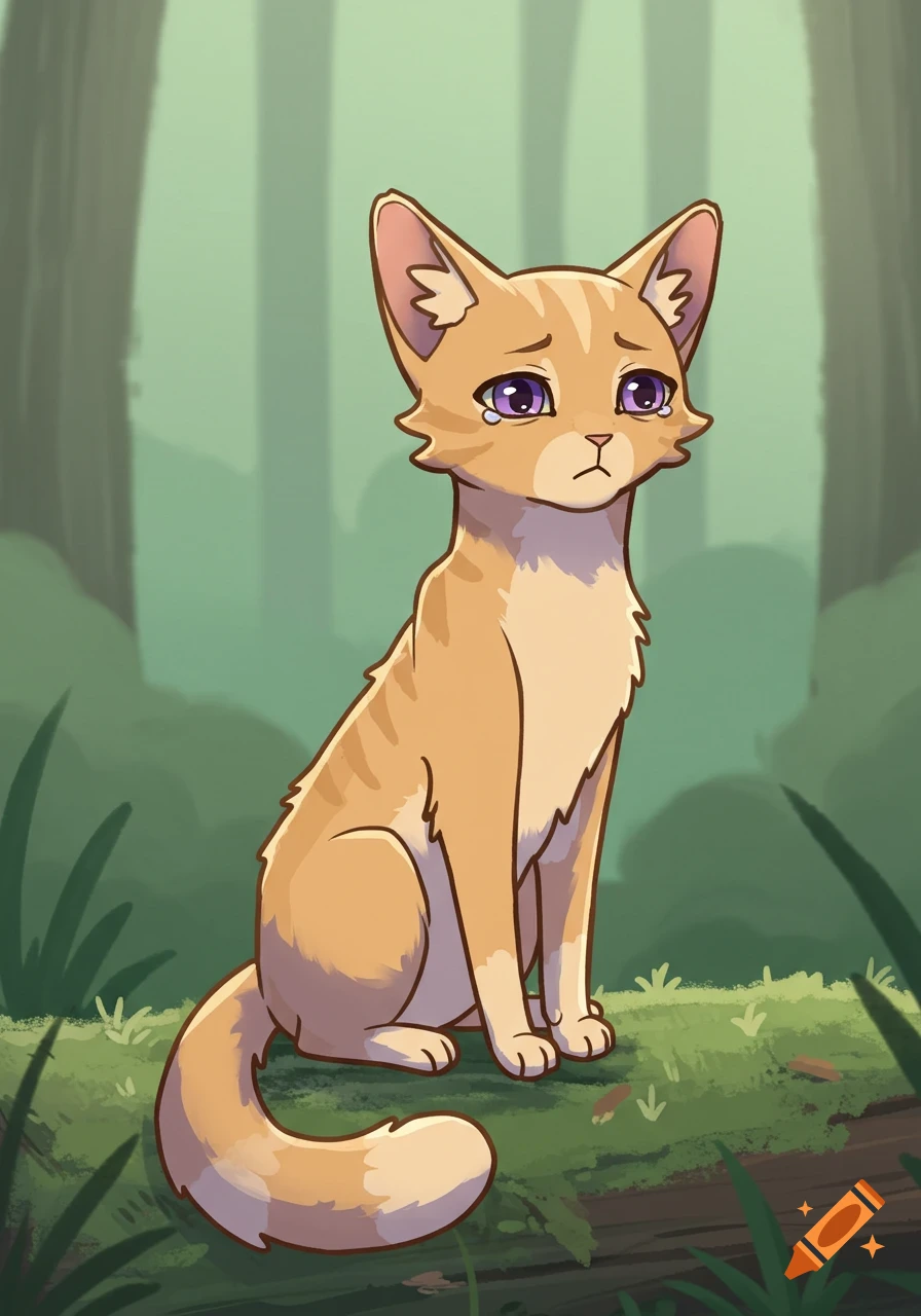 A sad, golden-orange tabby cat with purple eyes sits on a log in a cartoon forest.