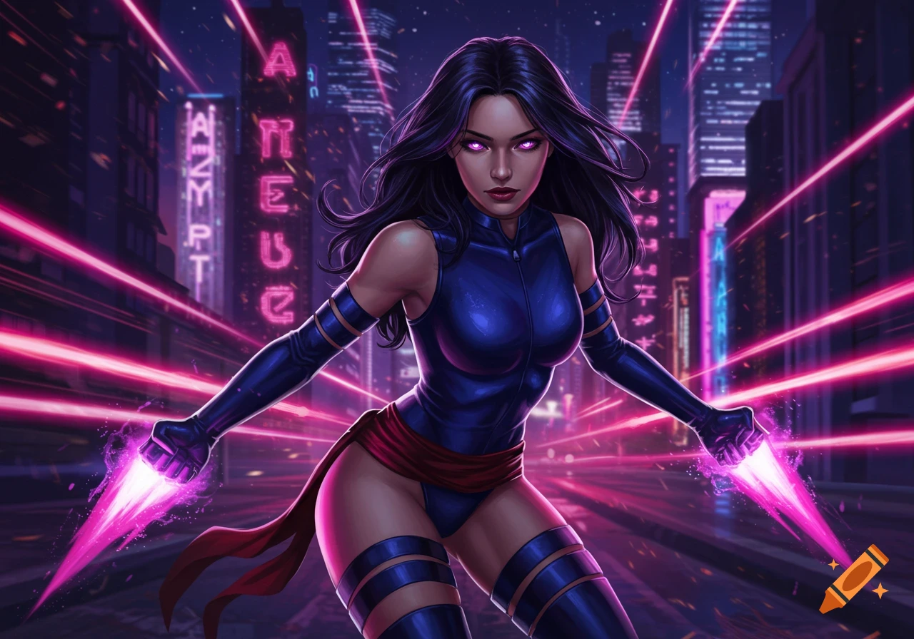 Psylocke, a superhero with dark hair and a blue costume, stands in a neon-lit cyberpunk city, holding glowing pink psionic daggers.