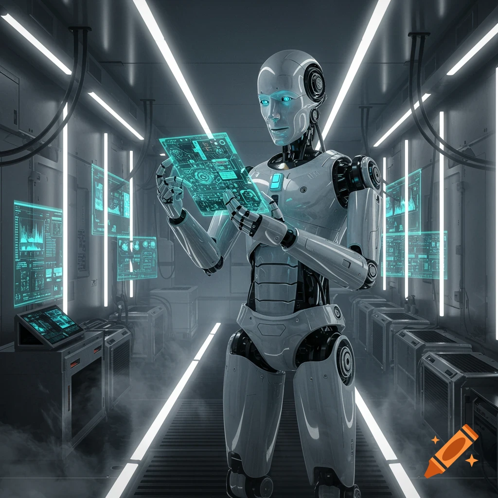 Humanoid robot in a futuristic server room examining a glowing blue holographic display with data.